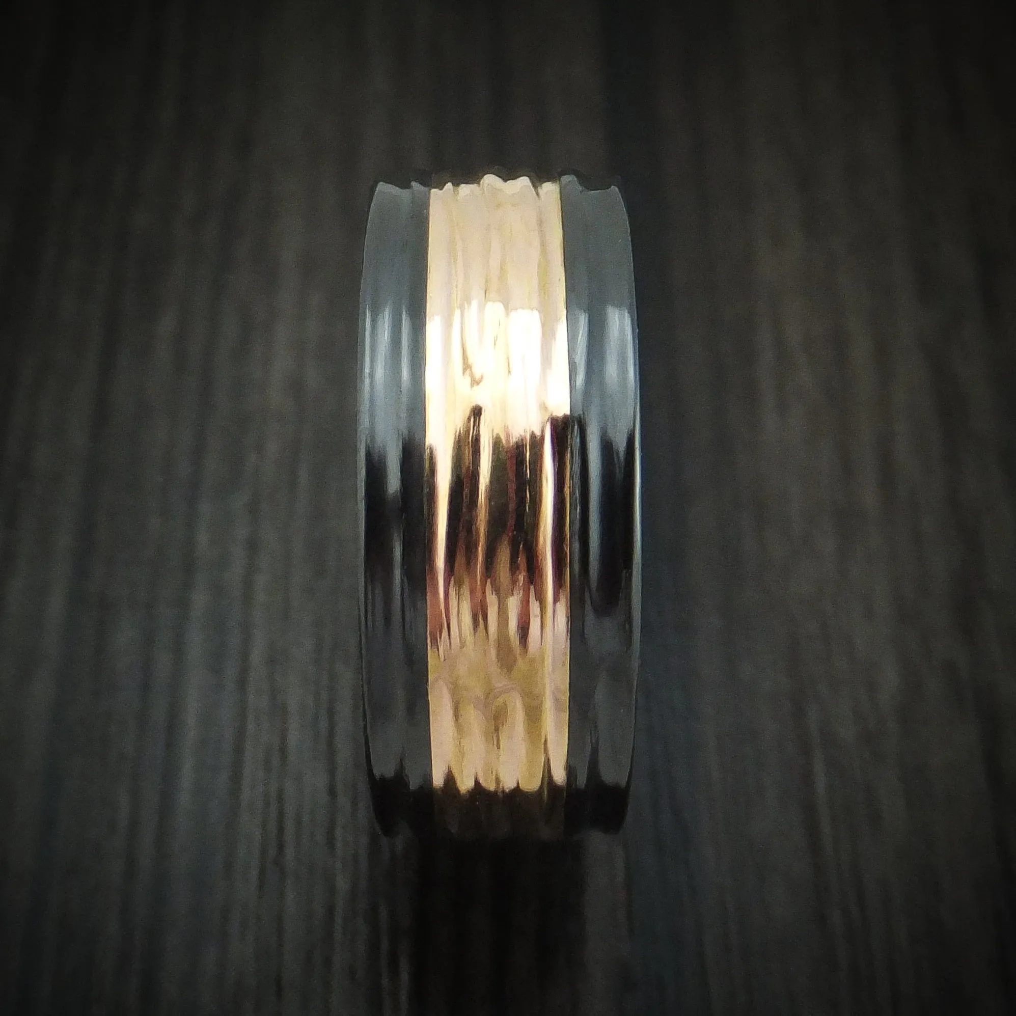 Black Titanium and 14K Gold Men's Ring with Tree Bark Finish Custom Made Band