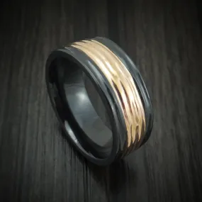 Black Titanium and 14K Gold Men's Ring with Tree Bark Finish Custom Made Band