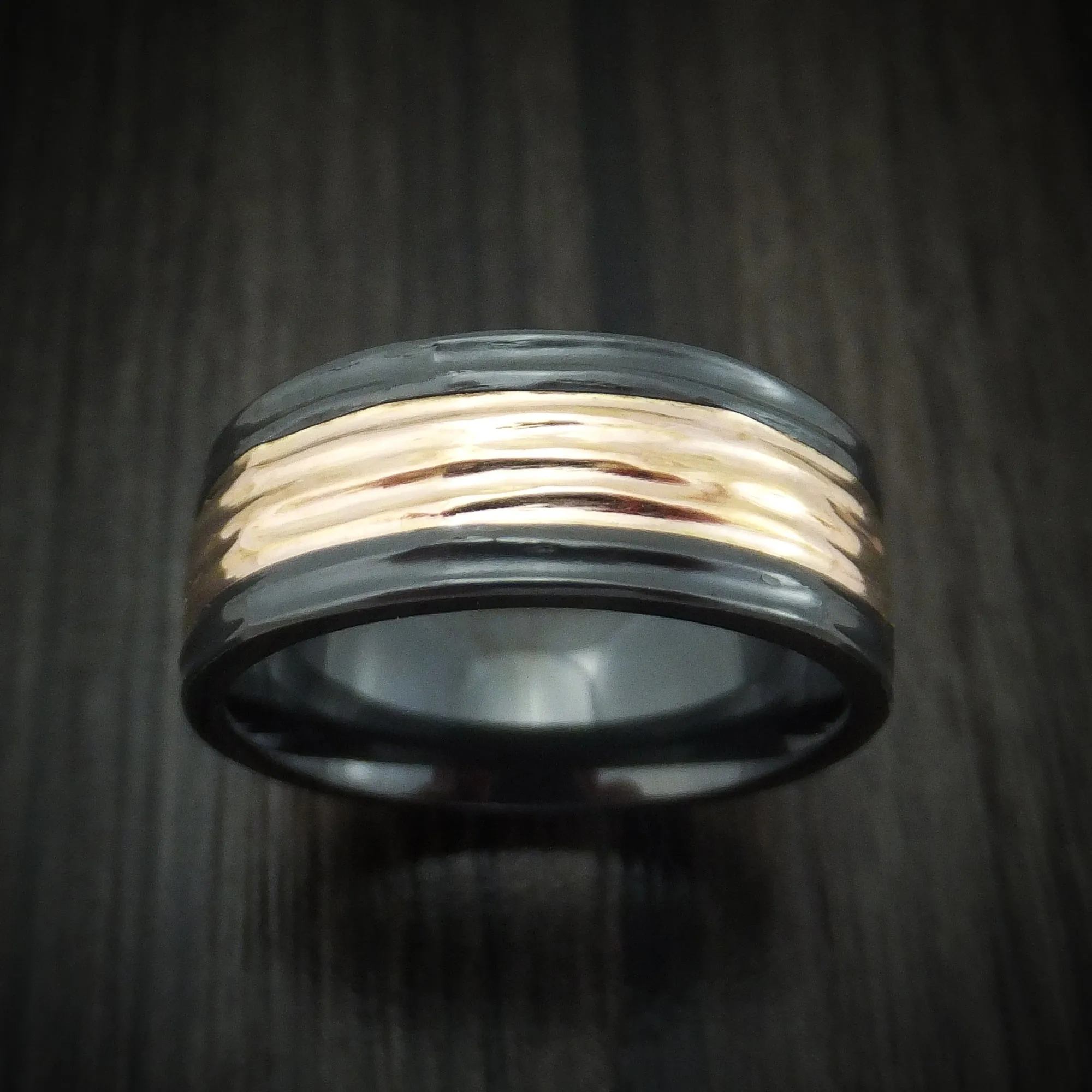 Black Titanium and 14K Gold Men's Ring with Tree Bark Finish Custom Made Band