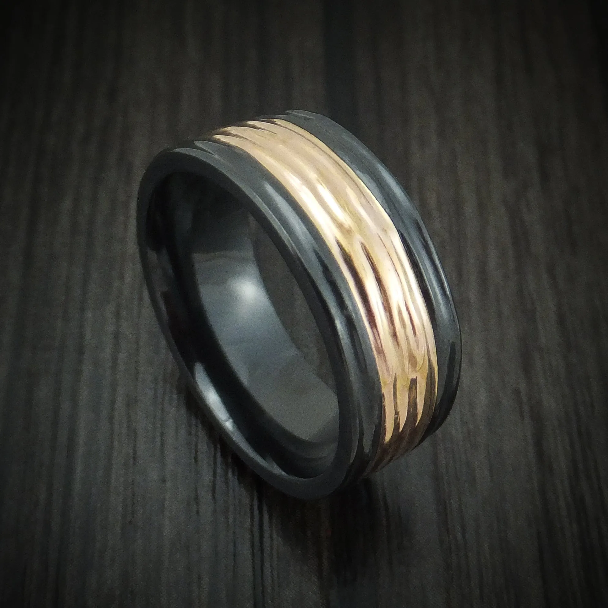 Black Titanium and 14K Gold Men's Ring with Tree Bark Finish Custom Made Band