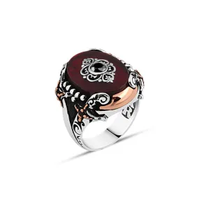 Black Zircon Eye Figure on Red Ellipse Synthetic Amber Stone Silver Men's Ring Siding Double Sword and Silver Spheres