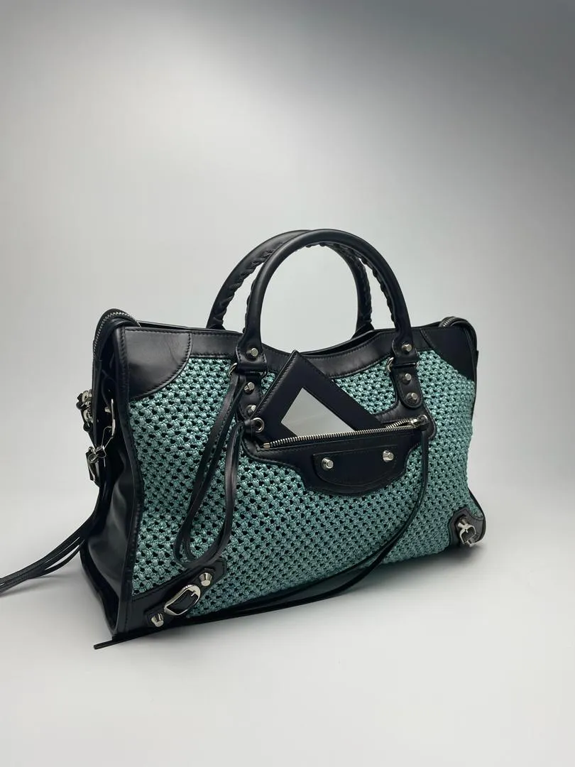 Black/Blue Woven Raffia Medium City Classic Bag