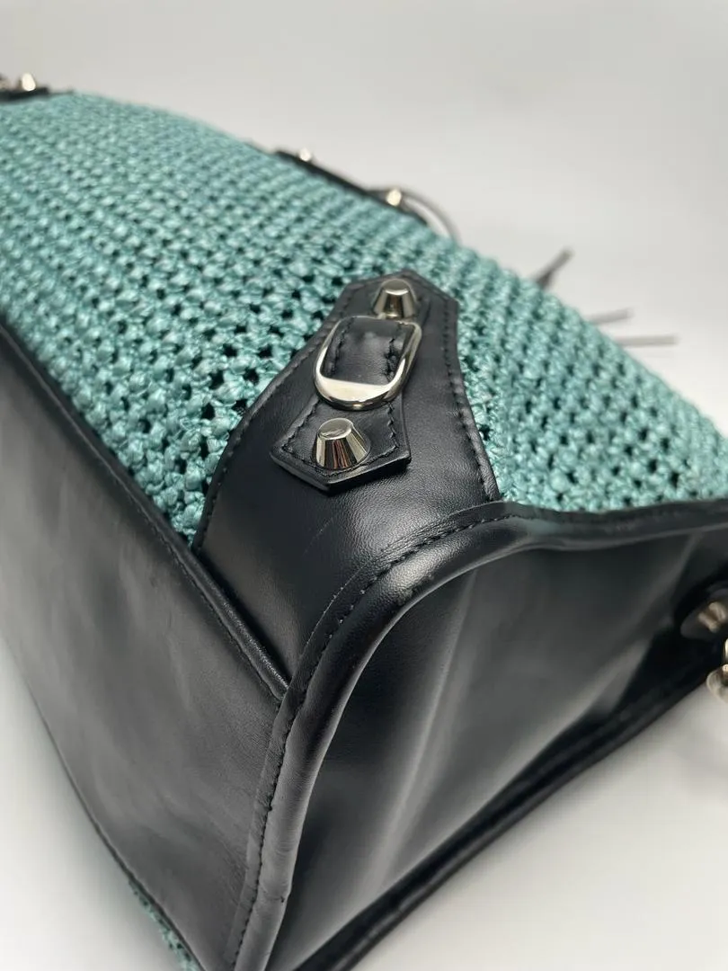 Black/Blue Woven Raffia Medium City Classic Bag