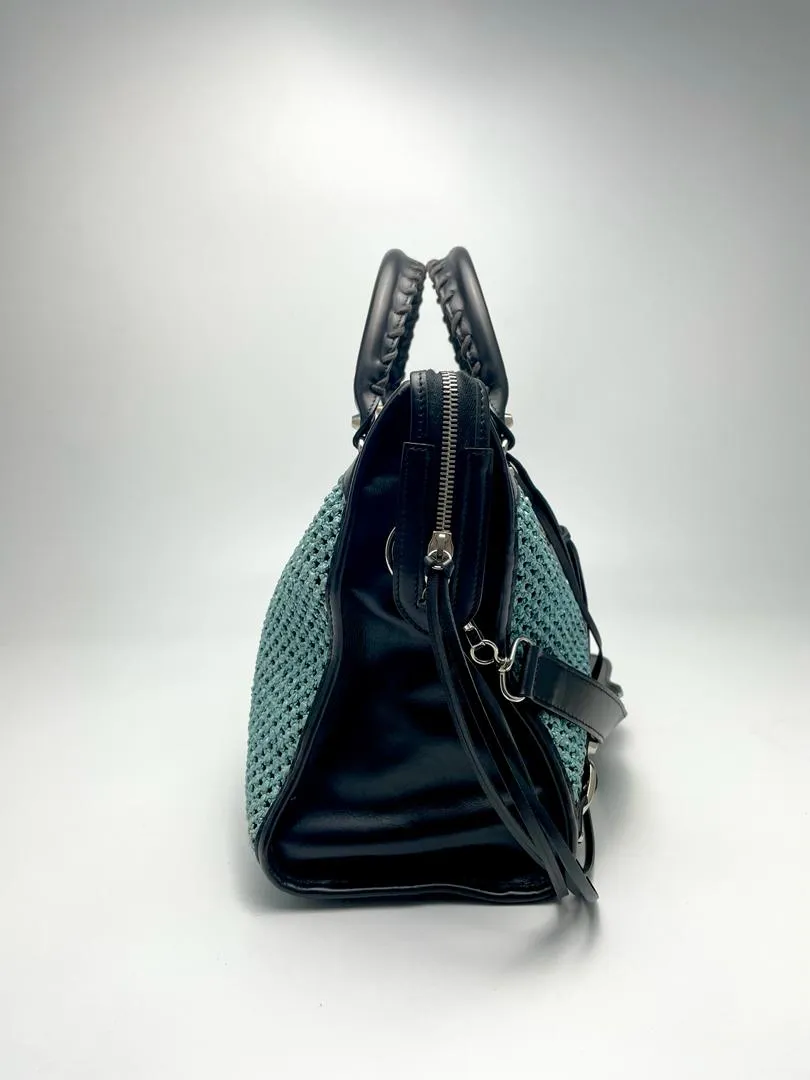 Black/Blue Woven Raffia Medium City Classic Bag