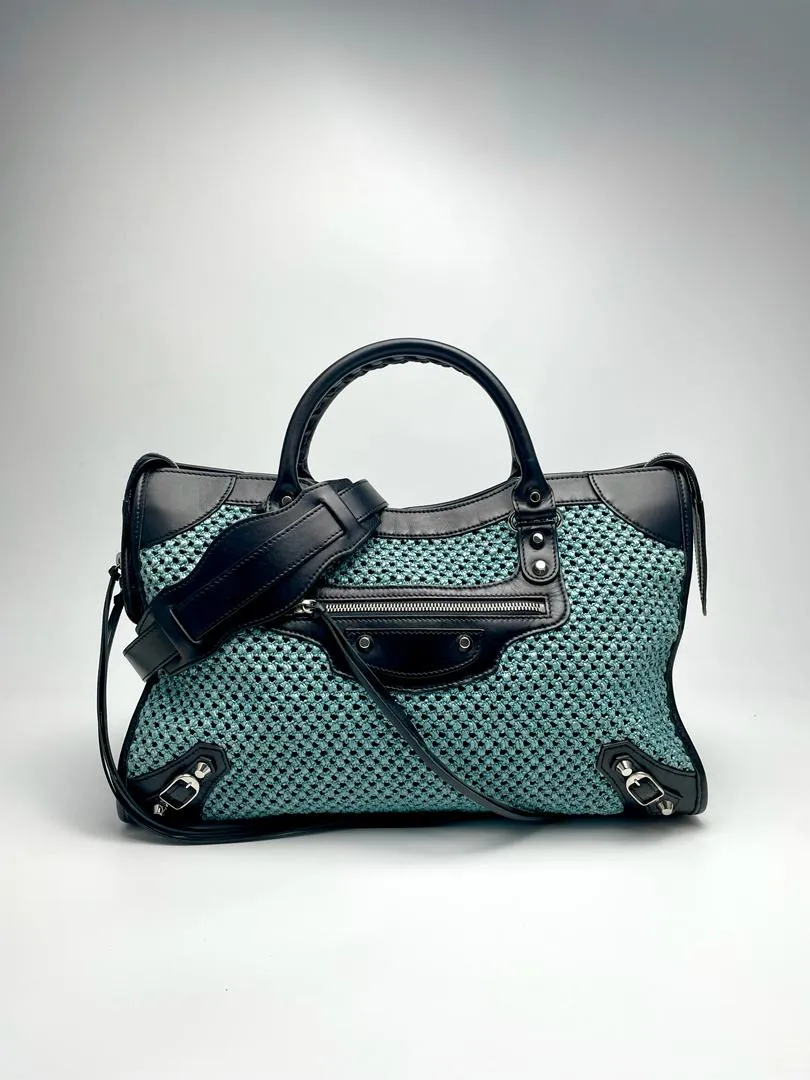 Black/Blue Woven Raffia Medium City Classic Bag