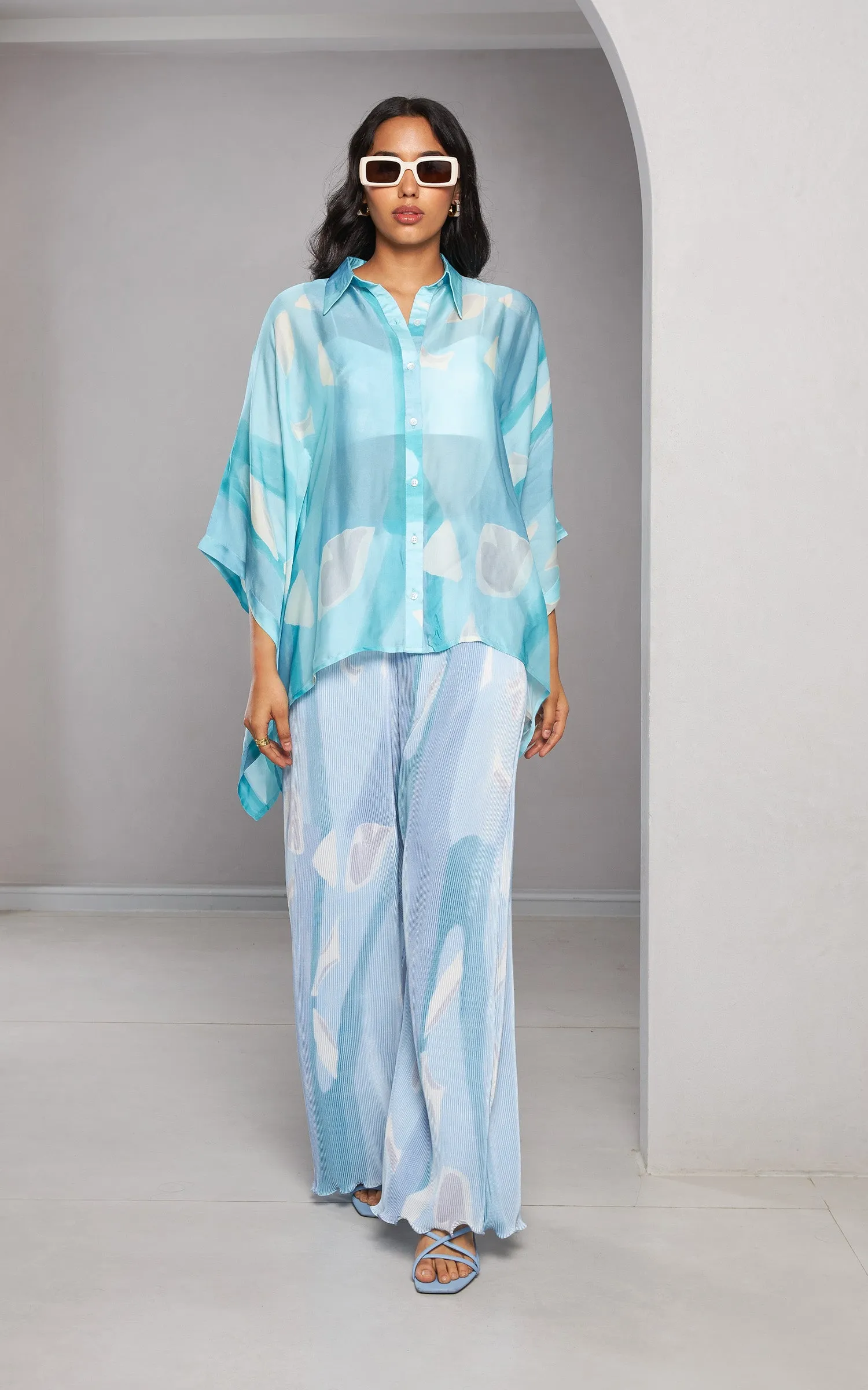 Blue Abstract Printed Pleated Co-ord Set