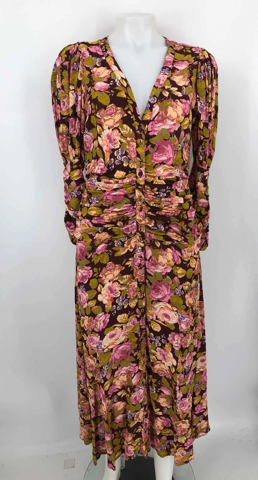 BY TI MO Brown Pink Multi Floral Print Longsleeve Size SMALL (S) Dress