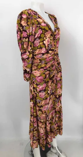 BY TI MO Brown Pink Multi Floral Print Longsleeve Size SMALL (S) Dress