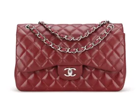 CHANEL CLASSIC FLAP (1533xxxx) JUMBO MAROON CAVIAR SILVER HARDWARE, WITH CARD, DUST COVER & BOX