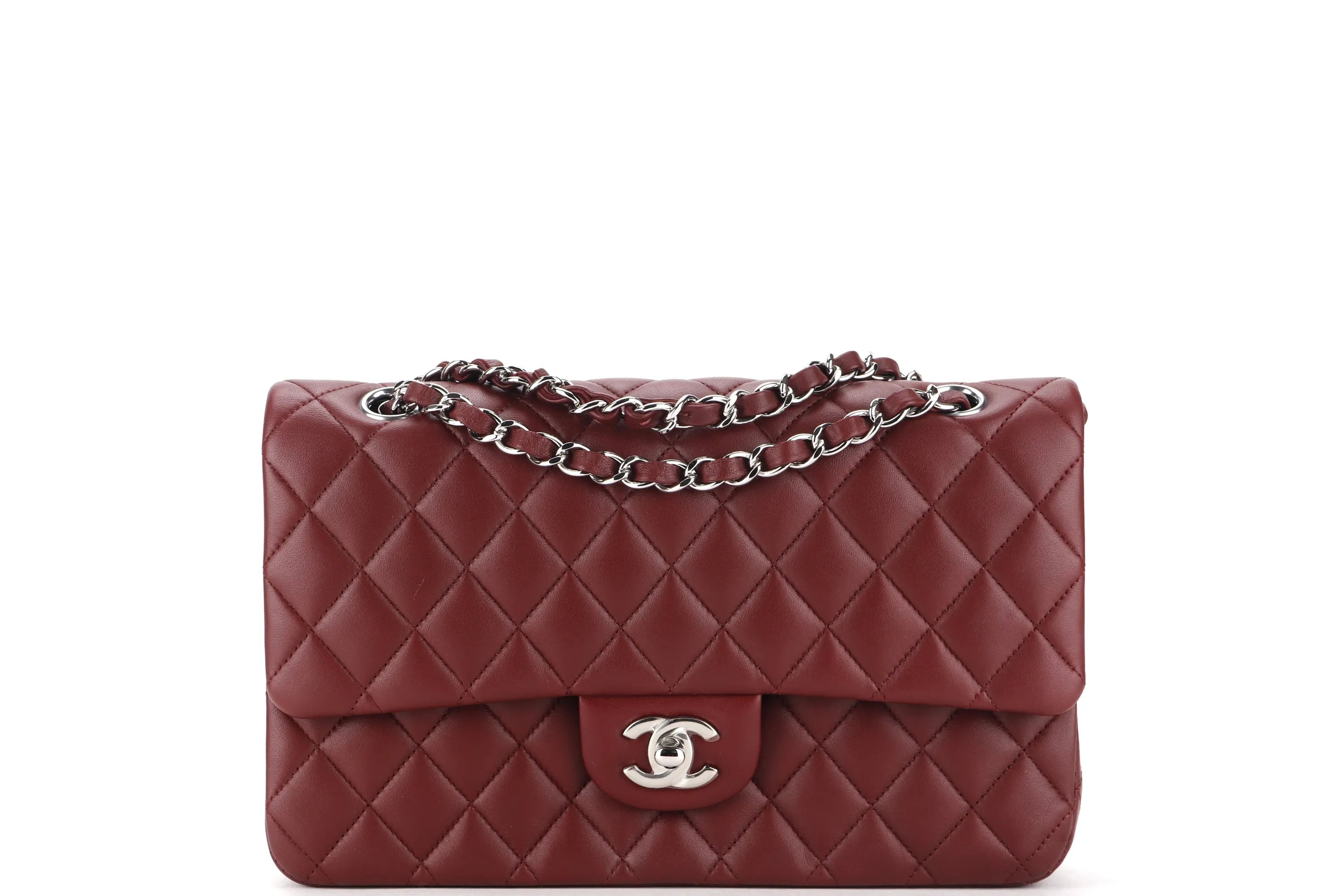 CHANEL CLASSIC FLAP (2838xxxx) MEDIUM SIZE MAROON LAMBSKIN SILVER HARDWARE, WITH CARD, DUST COVER & BOX