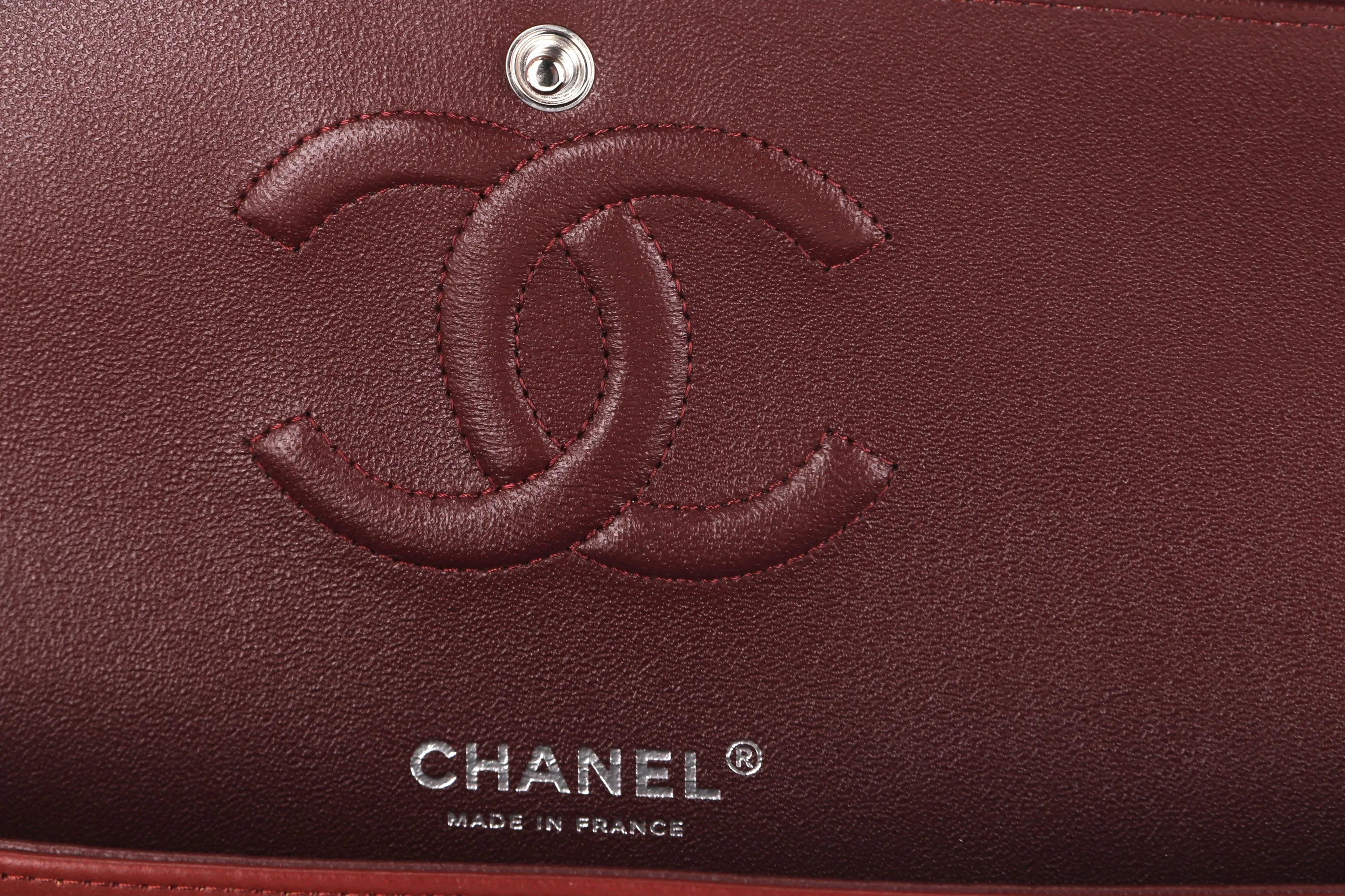 CHANEL CLASSIC FLAP (2838xxxx) MEDIUM SIZE MAROON LAMBSKIN SILVER HARDWARE, WITH CARD, DUST COVER & BOX