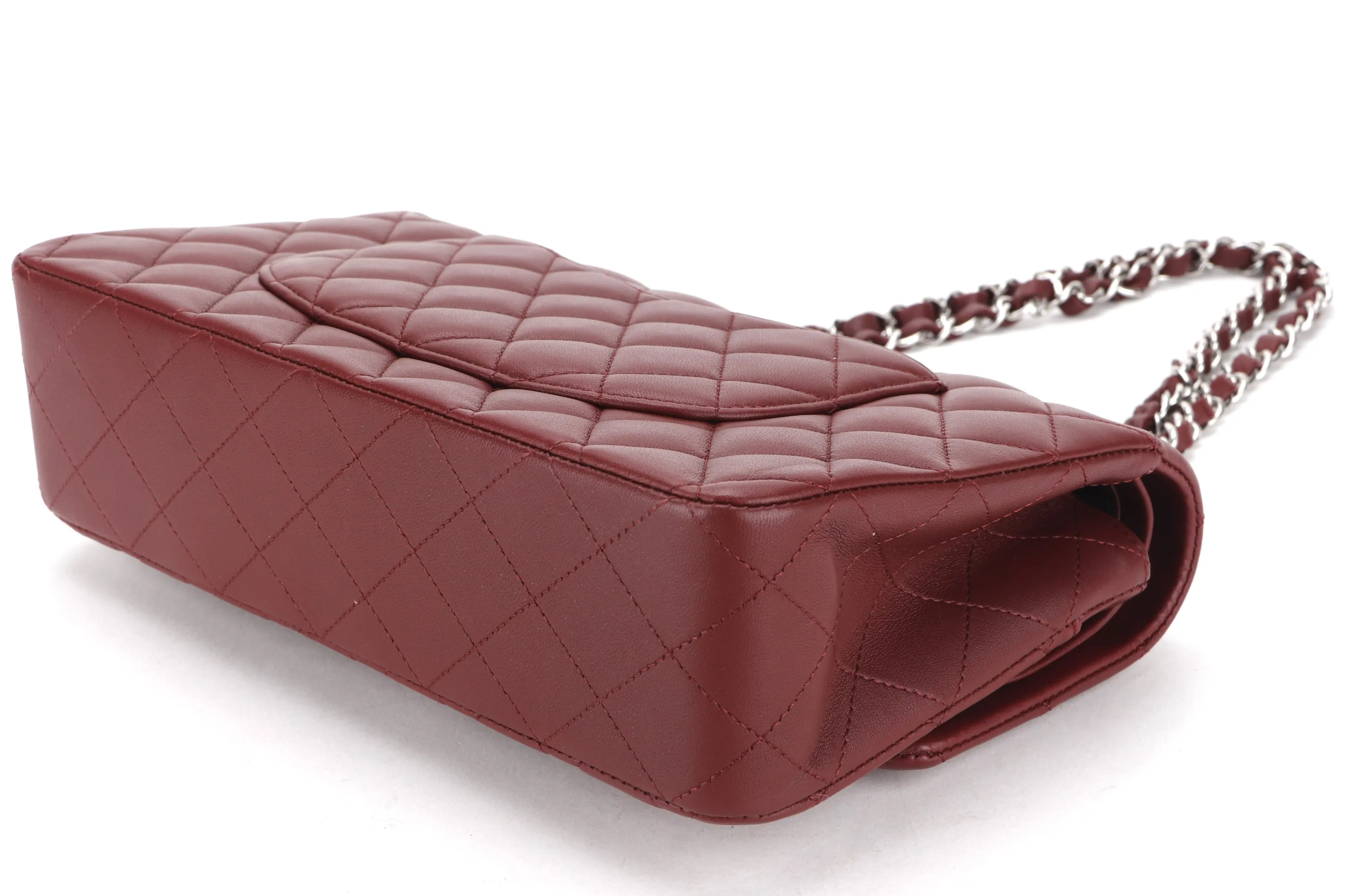 CHANEL CLASSIC FLAP (2838xxxx) MEDIUM SIZE MAROON LAMBSKIN SILVER HARDWARE, WITH CARD, DUST COVER & BOX