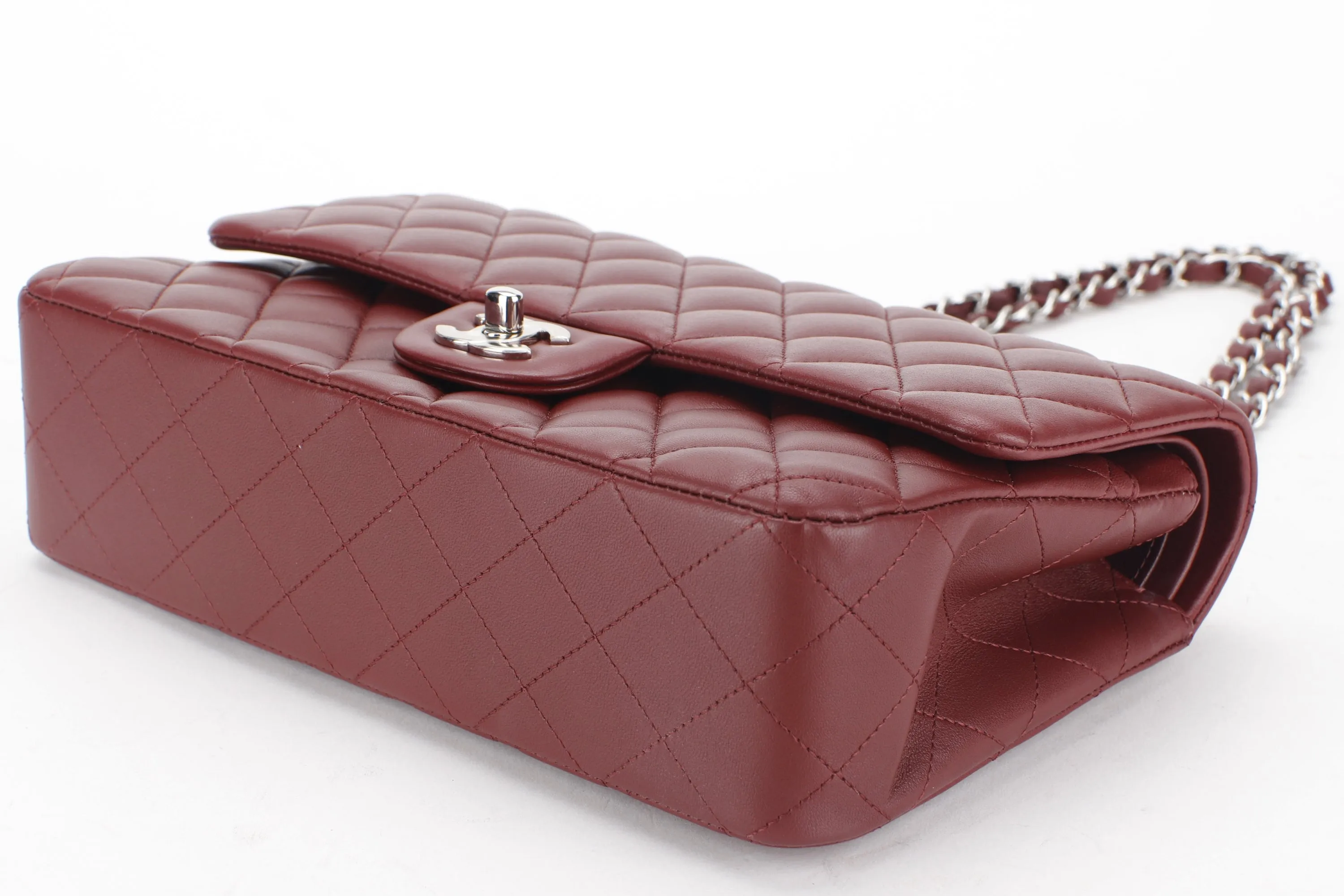 CHANEL CLASSIC FLAP (2838xxxx) MEDIUM SIZE MAROON LAMBSKIN SILVER HARDWARE, WITH CARD, DUST COVER & BOX