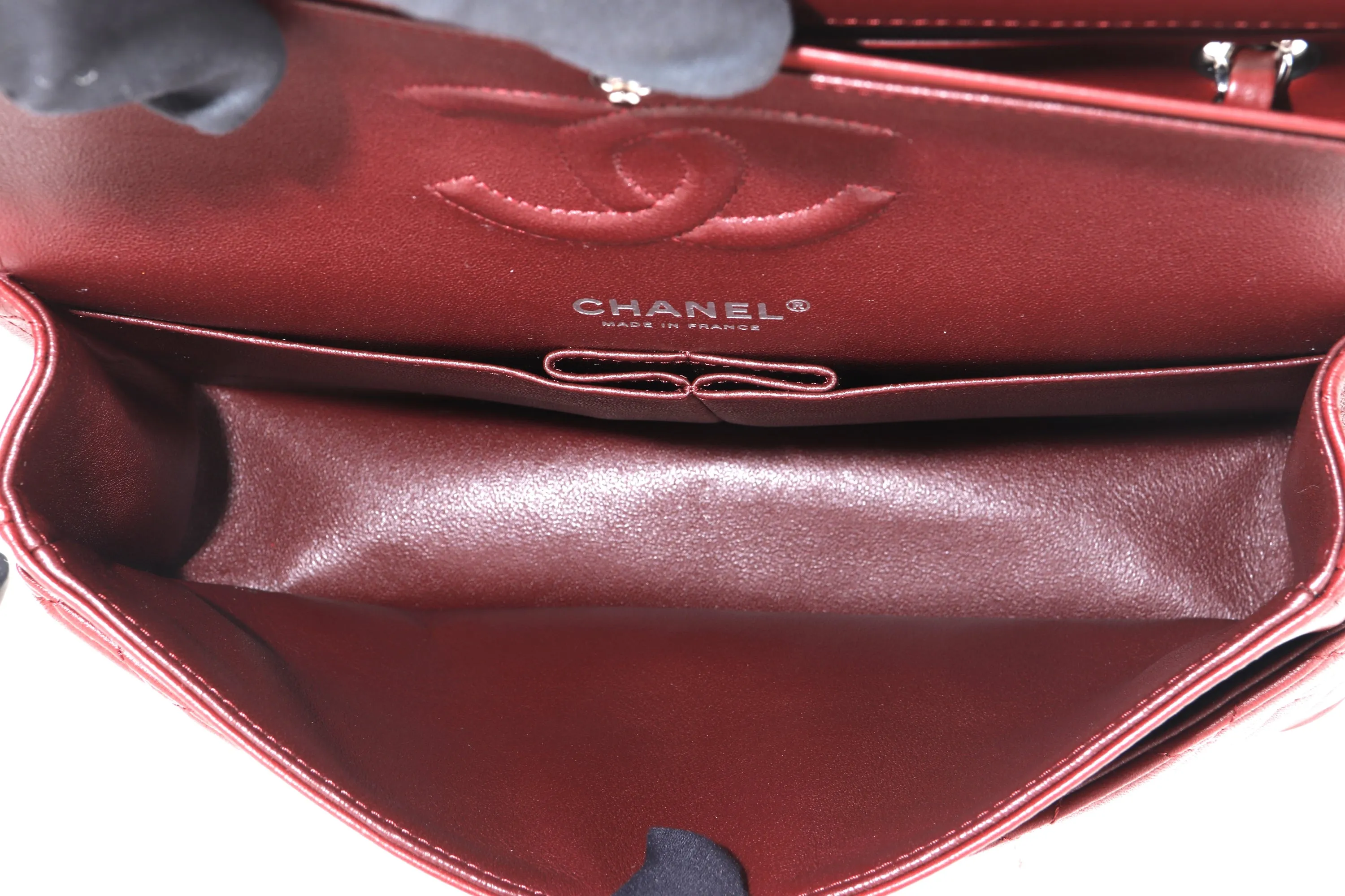 CHANEL CLASSIC FLAP (2838xxxx) MEDIUM SIZE MAROON LAMBSKIN SILVER HARDWARE, WITH CARD, DUST COVER & BOX