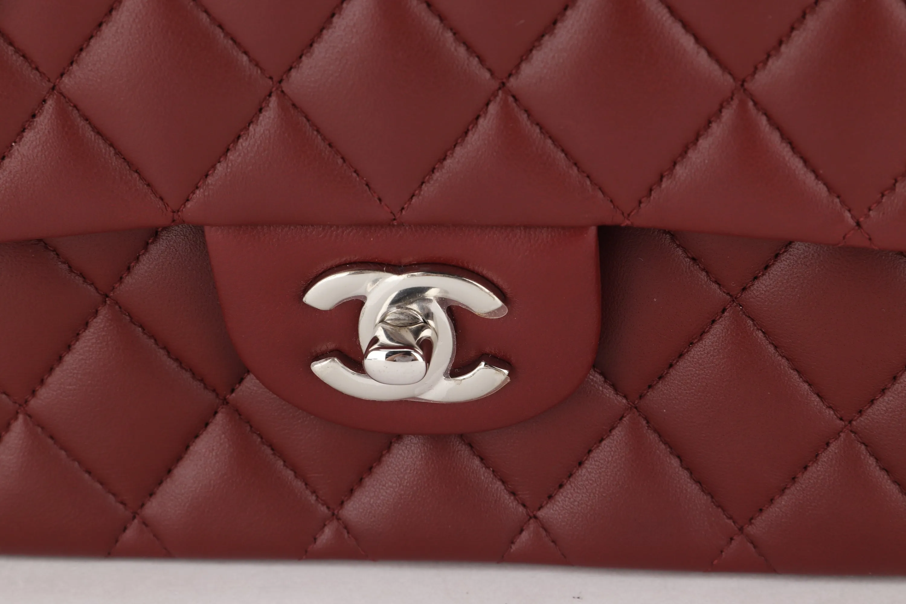 CHANEL CLASSIC FLAP (2838xxxx) MEDIUM SIZE MAROON LAMBSKIN SILVER HARDWARE, WITH CARD, DUST COVER & BOX