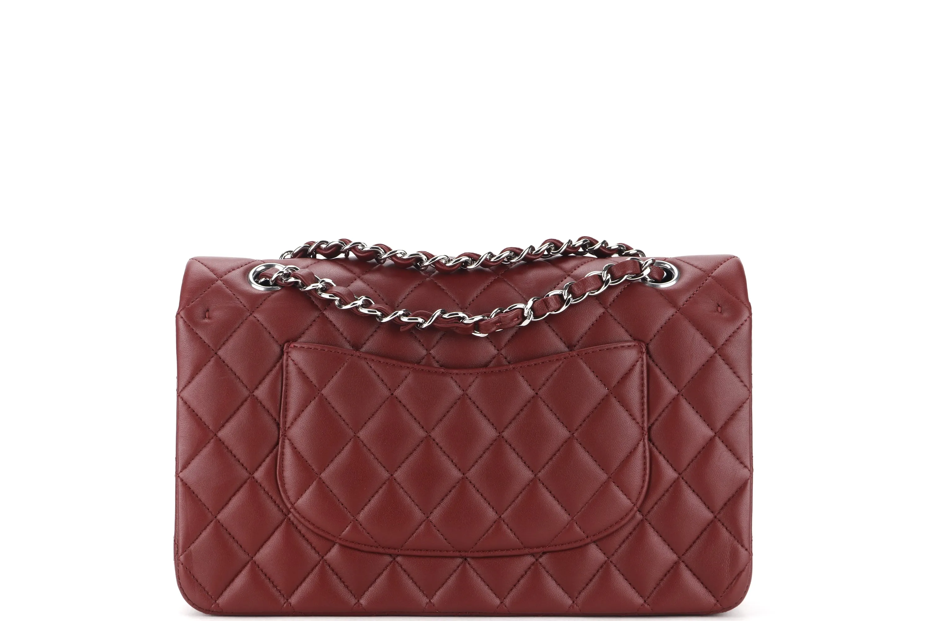 CHANEL CLASSIC FLAP (2838xxxx) MEDIUM SIZE MAROON LAMBSKIN SILVER HARDWARE, WITH CARD, DUST COVER & BOX