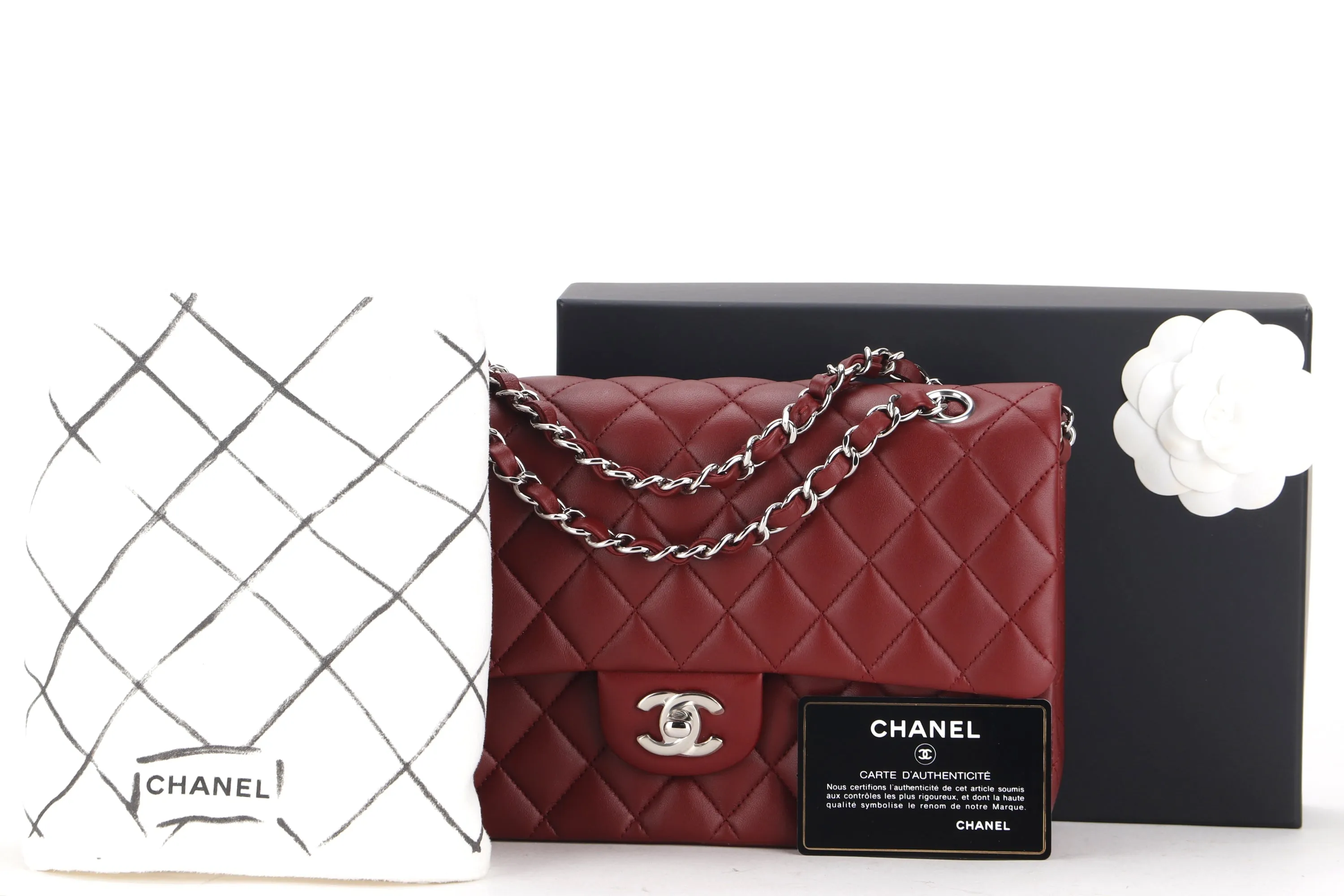 CHANEL CLASSIC FLAP (2838xxxx) MEDIUM SIZE MAROON LAMBSKIN SILVER HARDWARE, WITH CARD, DUST COVER & BOX