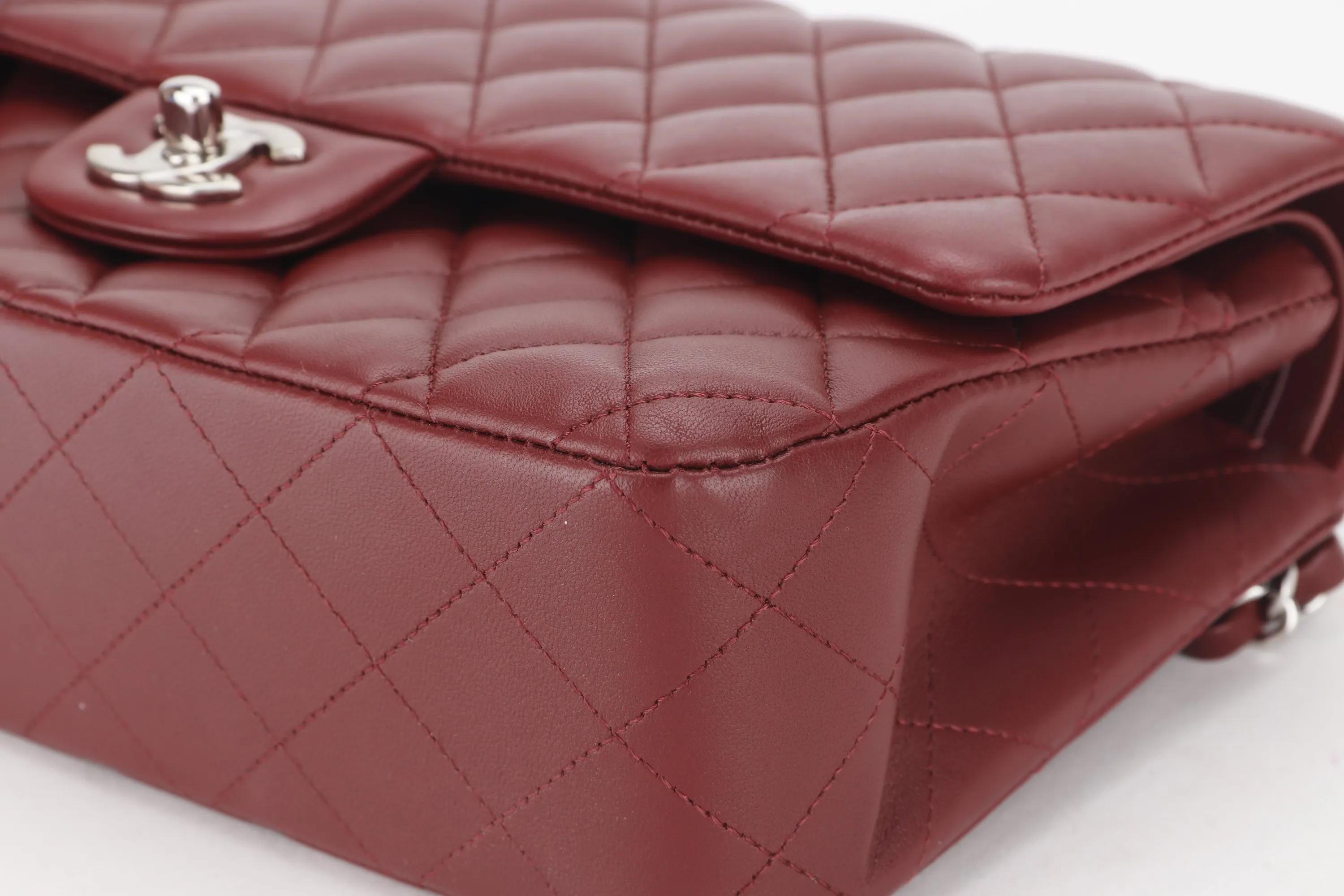 CHANEL CLASSIC FLAP (2838xxxx) MEDIUM SIZE MAROON LAMBSKIN SILVER HARDWARE, WITH CARD, DUST COVER & BOX