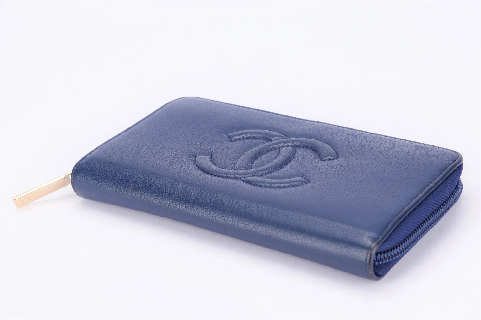 Chanel Timeless Blue Color Calf Leather Long Zippy Wallet (2282xxxx), with Card, no Dust Cover & Box