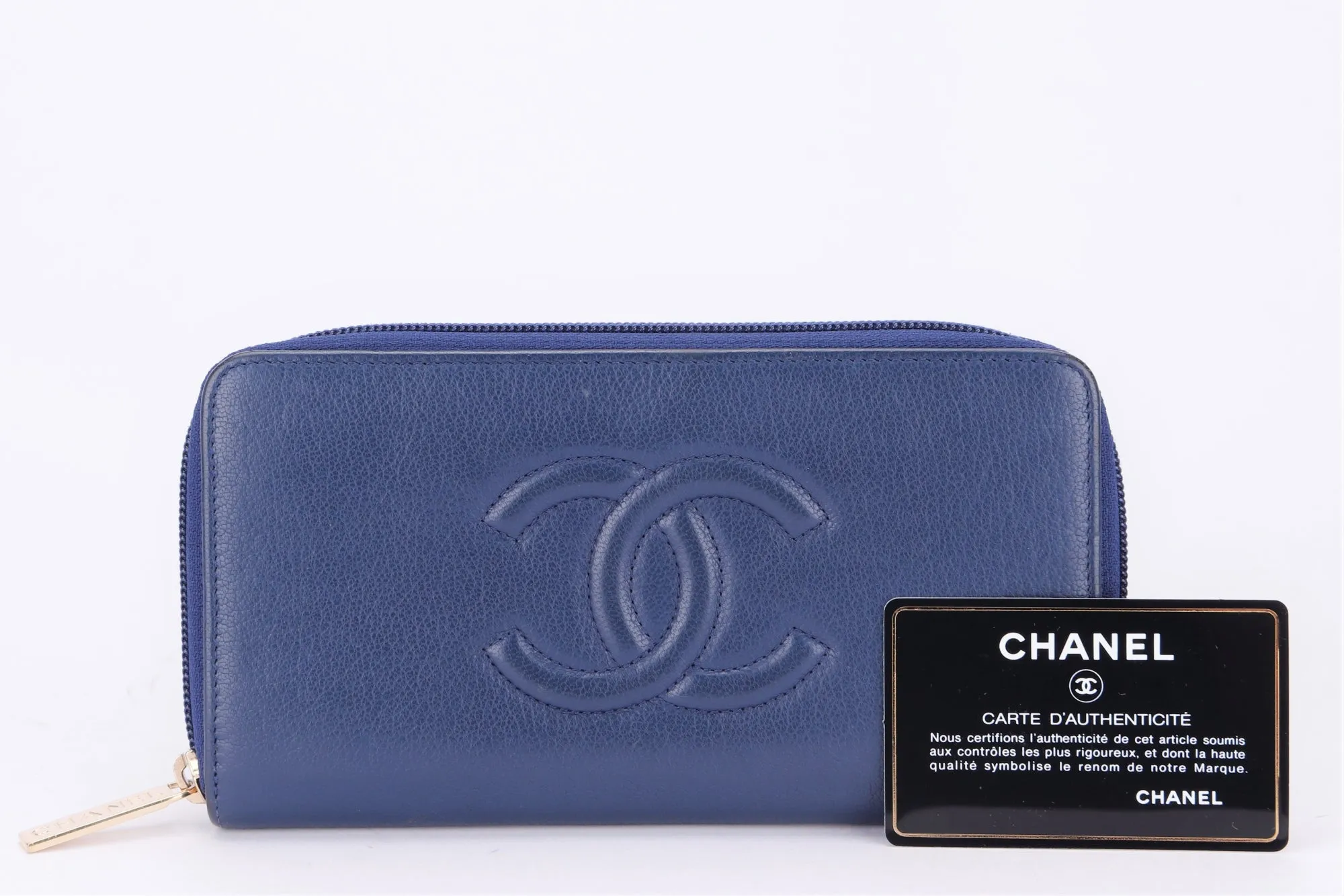 Chanel Timeless Blue Color Calf Leather Long Zippy Wallet (2282xxxx), with Card, no Dust Cover & Box