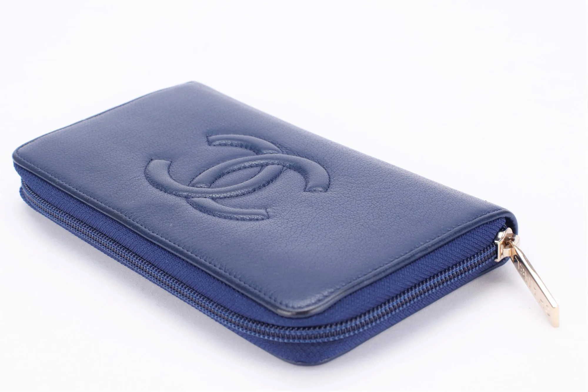 Chanel Timeless Blue Color Calf Leather Long Zippy Wallet (2282xxxx), with Card, no Dust Cover & Box