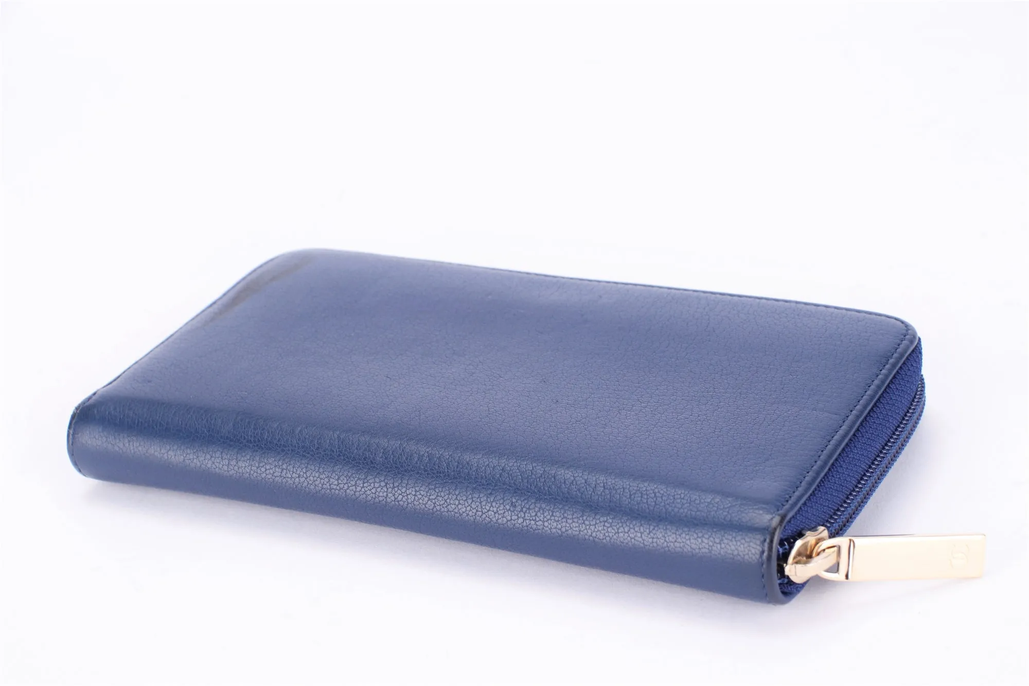 Chanel Timeless Blue Color Calf Leather Long Zippy Wallet (2282xxxx), with Card, no Dust Cover & Box