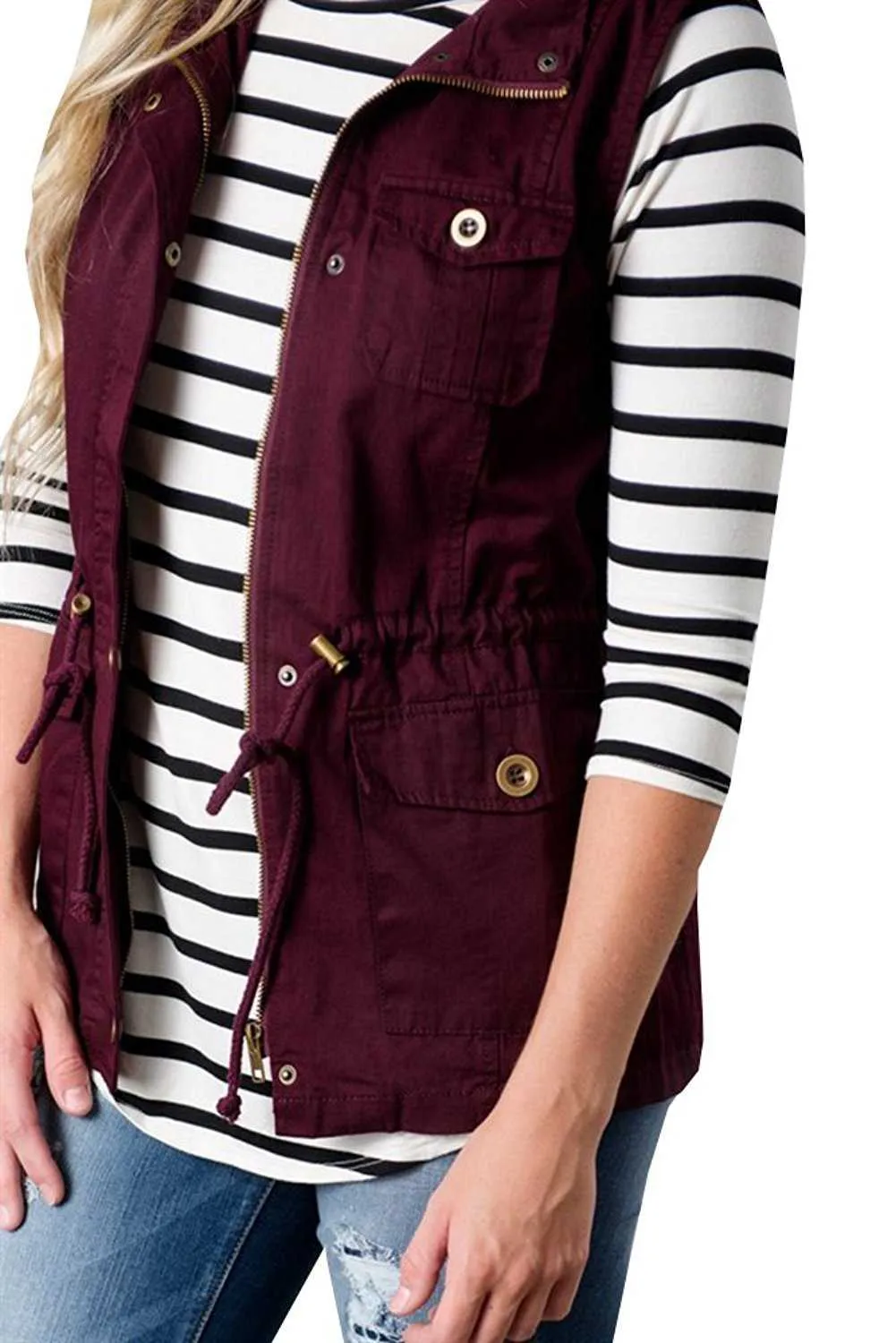 Classic Waist Tie Cotton Vest With Pockets