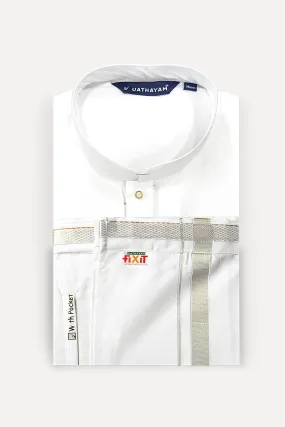 Classic - White Knee Length Kurta and Silver Jari Fixit Dhoti Combo For Mens | Uathayam