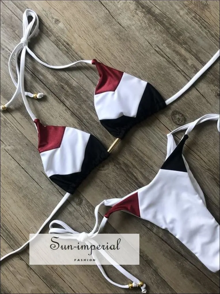 Color Block White Brown Blue Bikini Set Women’s Swimming Suit Halter Drawstring Bathing Suit