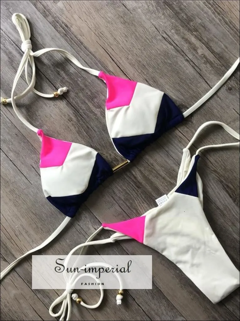 Color Block White Brown Blue Bikini Set Women’s Swimming Suit Halter Drawstring Bathing Suit