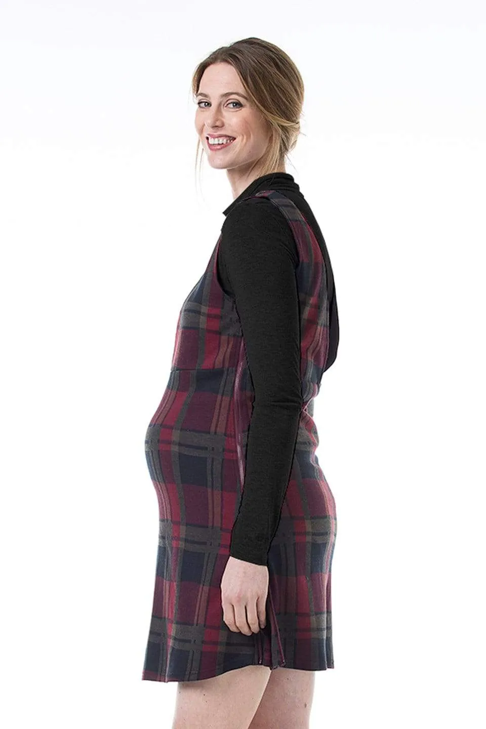 Coralia V-Neck Plaids Maternity Dress Maroon