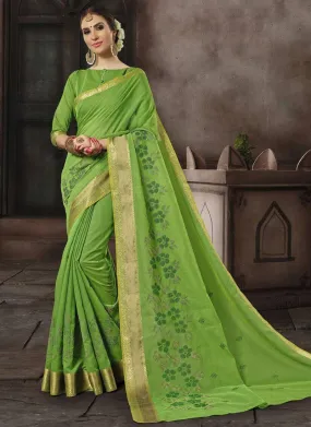 Cotton Silk Casual Wear Printed Work Saree- green