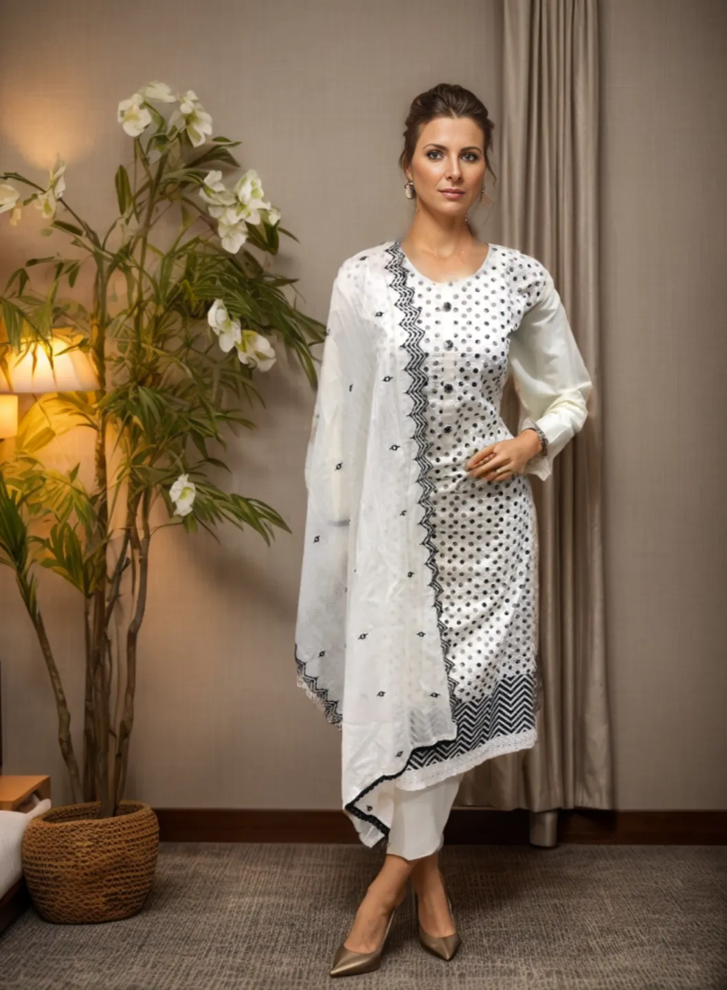 Cotton unstitched suit with chickenkari