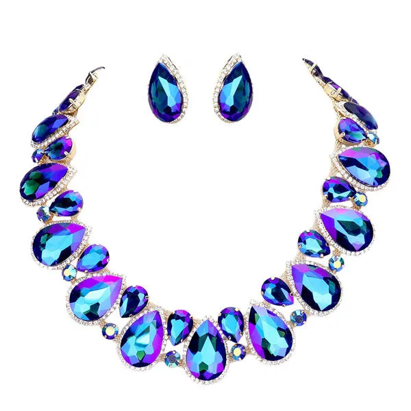 Crystal Rhinestone Trim Teardrop Collar Evening Necklace