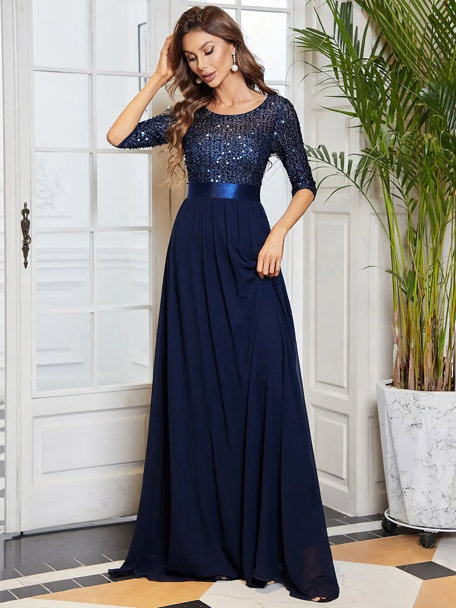 Custom Size Elegant Round Neckline 3/4 Sleeve Sequins Patchwork Wholesale Evening Dress