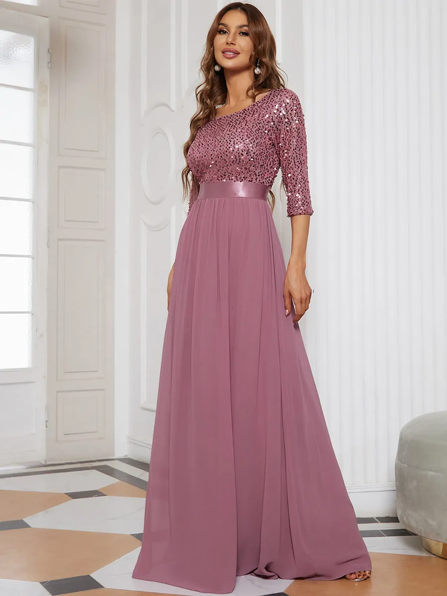 Custom Size Elegant Round Neckline 3/4 Sleeve Sequins Patchwork Wholesale Evening Dress