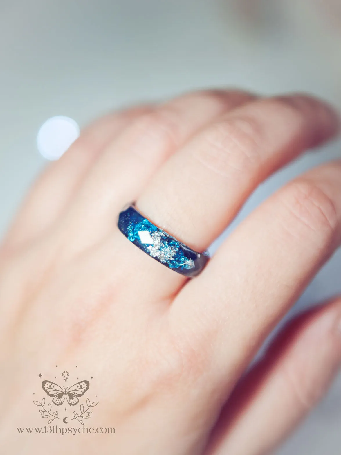 Dark Blue and gold or silver flakes faceted resin ring