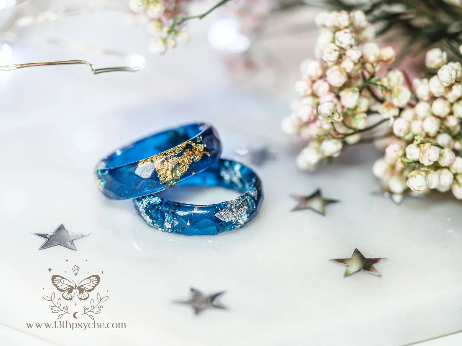 Dark Blue and gold or silver flakes faceted resin ring