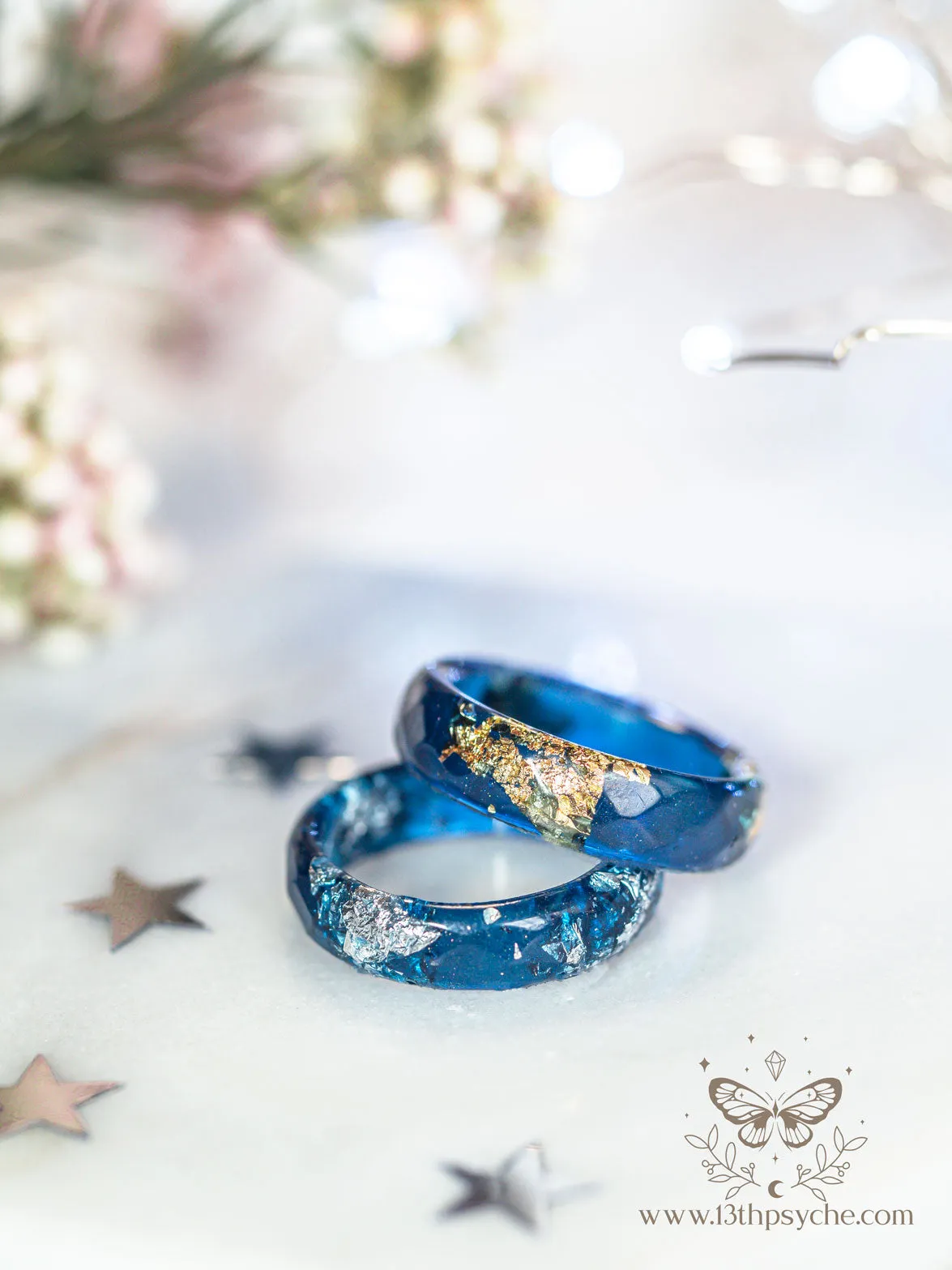 Dark Blue and gold or silver flakes faceted resin ring