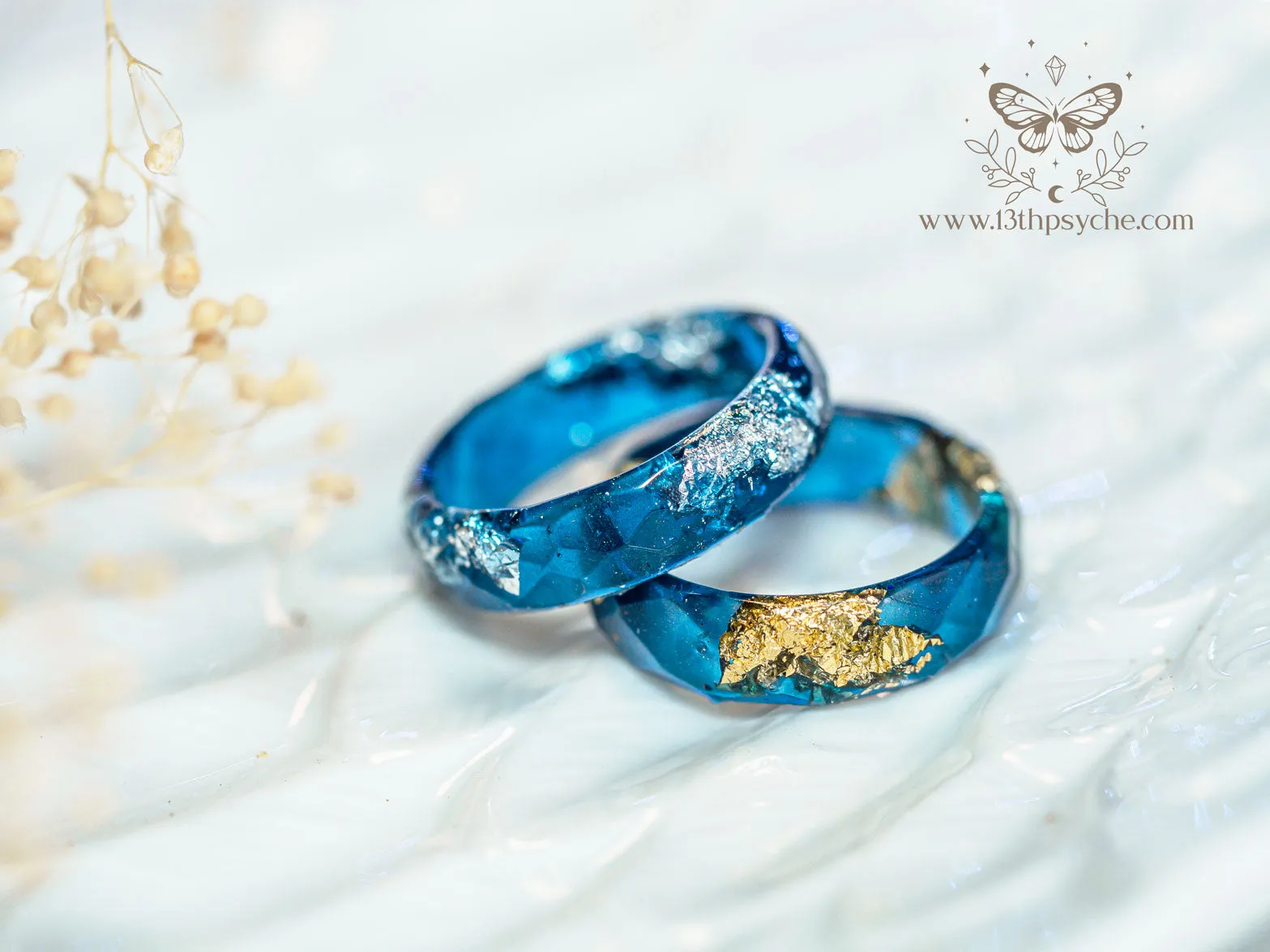 Dark Blue and gold or silver flakes faceted resin ring