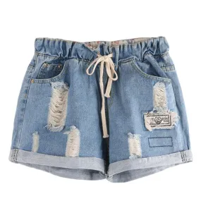 DENIM DRAWSTRING FRAYED SHORTS