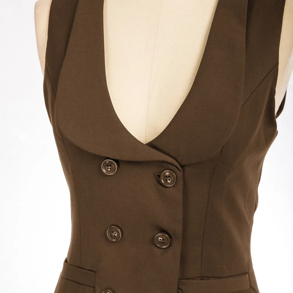 Double Breasted Waistcoat Vintage Lapel Collar Vest Coat with 2 Pockets