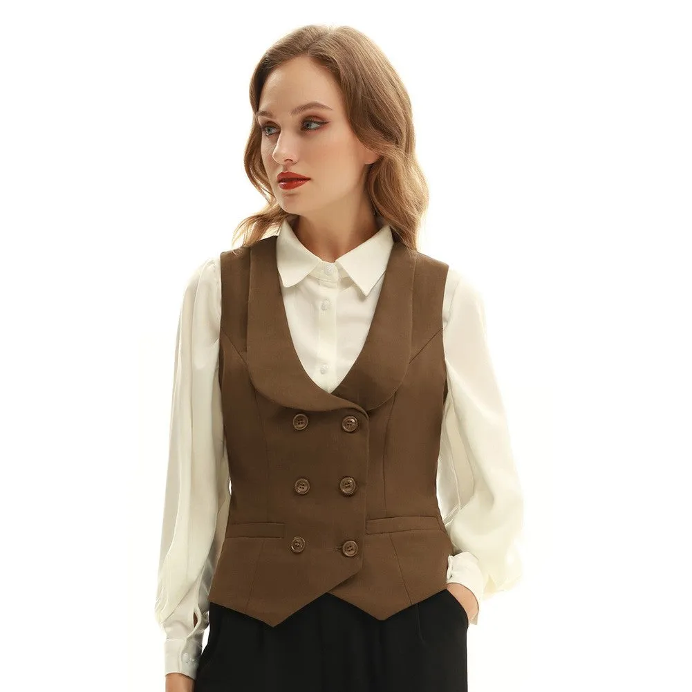 Double Breasted Waistcoat Vintage Lapel Collar Vest Coat with 2 Pockets