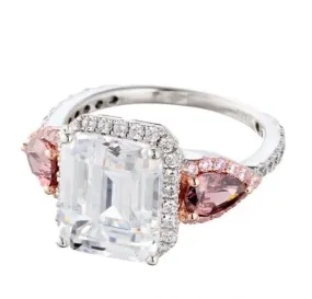 Emerald Cut Fancy Imitation Pink Diamond  Cubic Zirconia Accent Engagement Ring In Sterling Silver