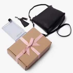 Everyday Leather Crossbody Bag, Leather Key Ring   Bottle Gift Set – Black