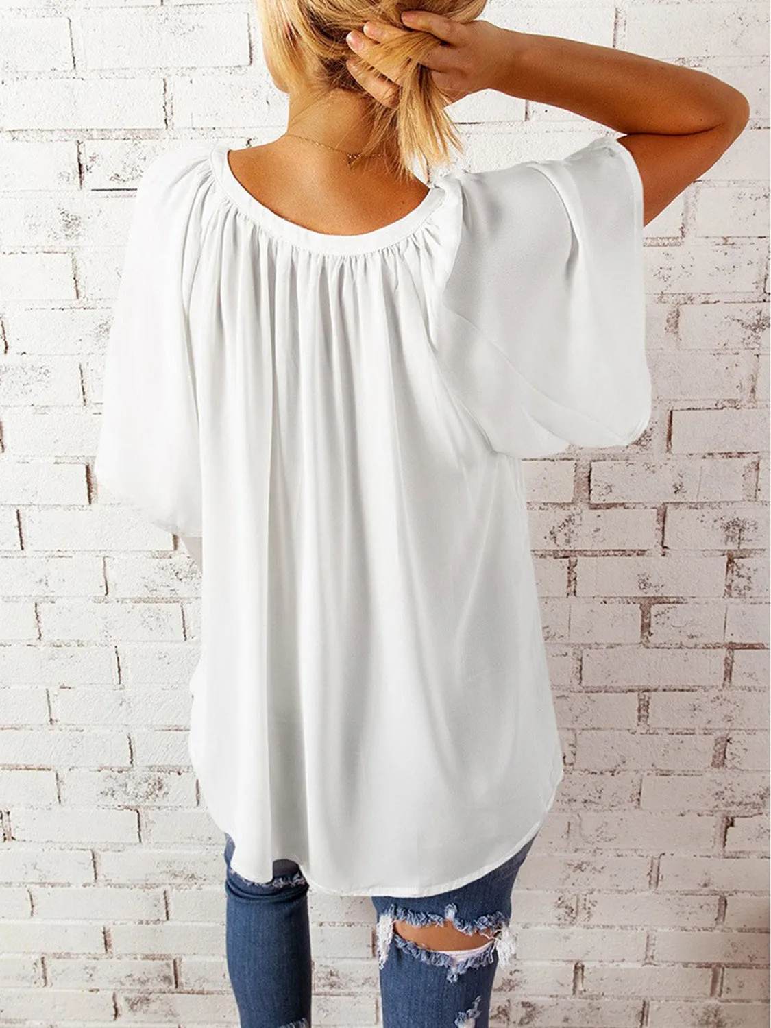 Explore More  Collection - Ruched Notched Half Sleeve Blouse