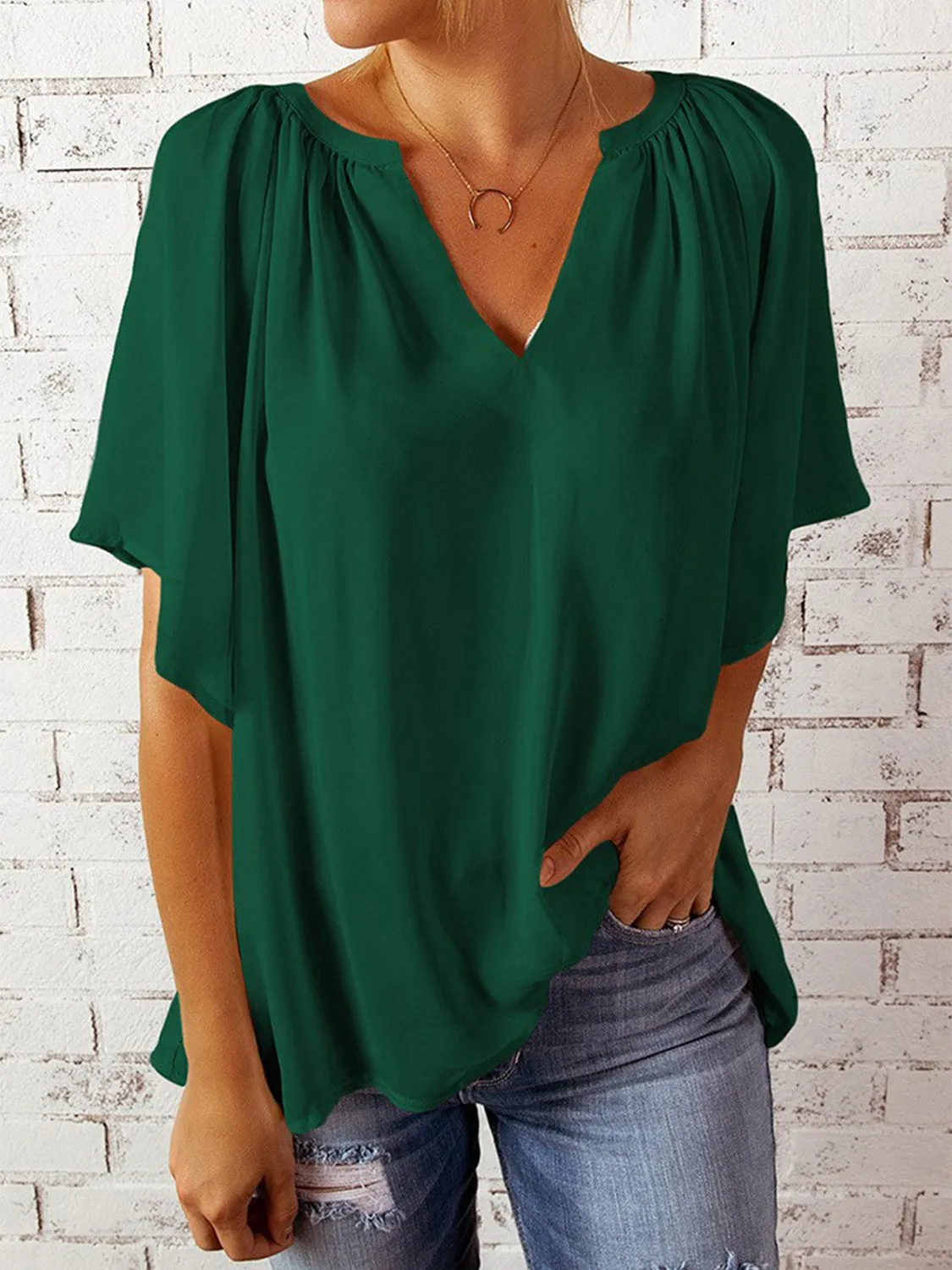 Explore More  Collection - Ruched Notched Half Sleeve Blouse