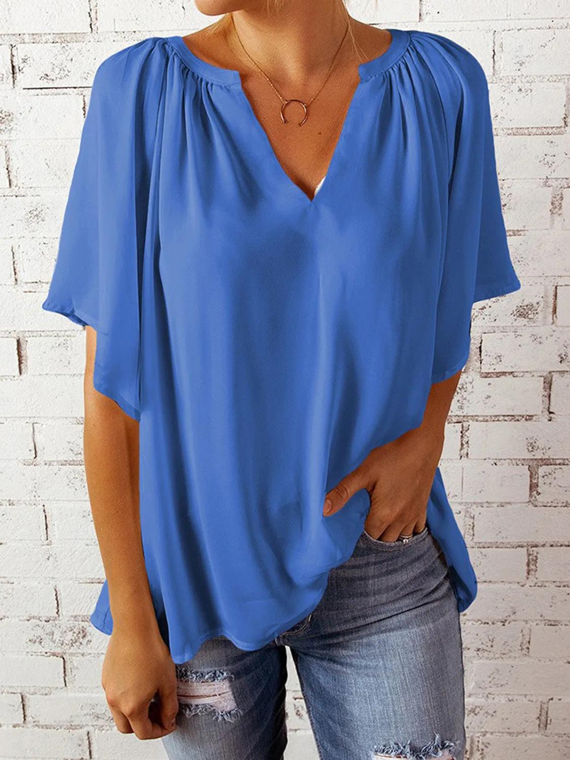 Explore More  Collection - Ruched Notched Half Sleeve Blouse