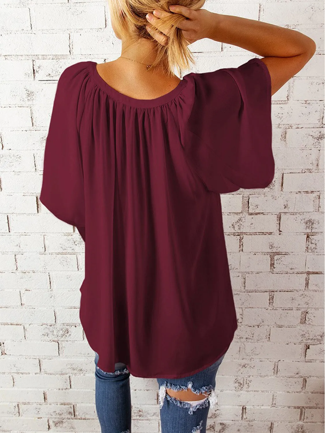 Explore More  Collection - Ruched Notched Half Sleeve Blouse