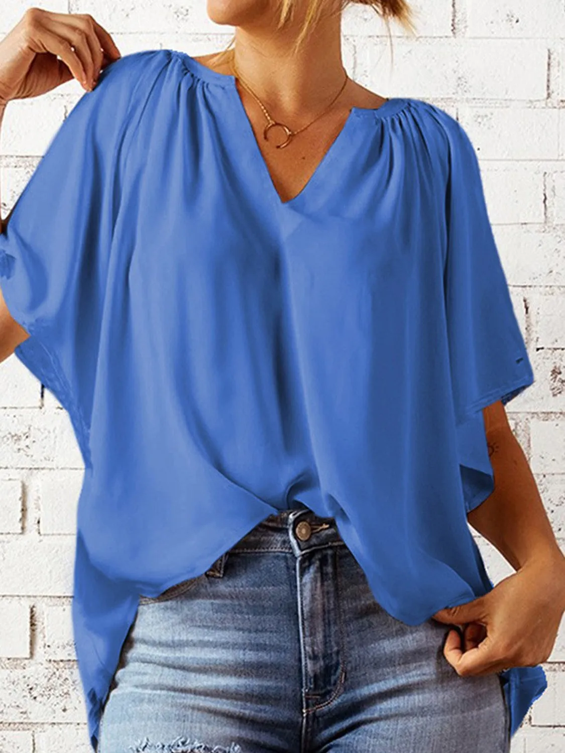 Explore More  Collection - Ruched Notched Half Sleeve Blouse